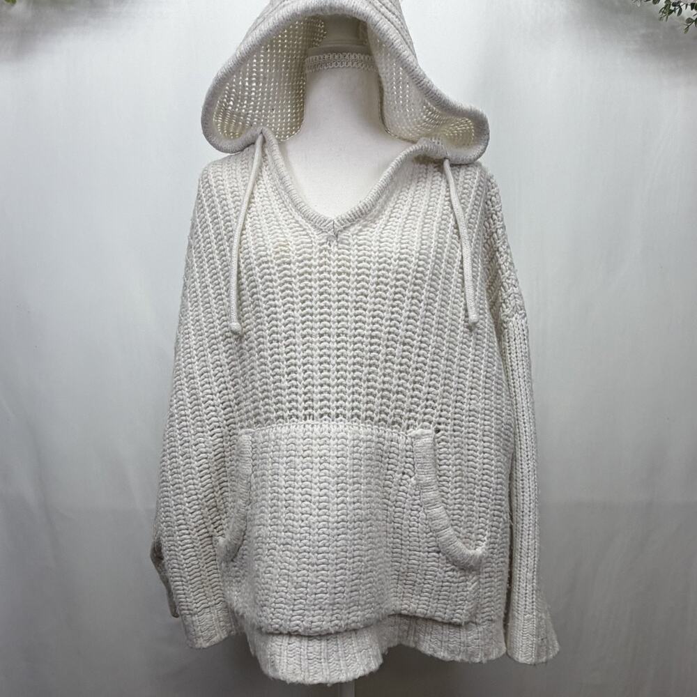 Aerie Hoodie Womens Large‎ Hooded Waffle Knit V Neck White Sweater Pullover
